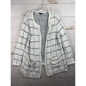 Signature Studio Cardigan Sweater Womens XL White Gray Open Front Pockets Fuzzy